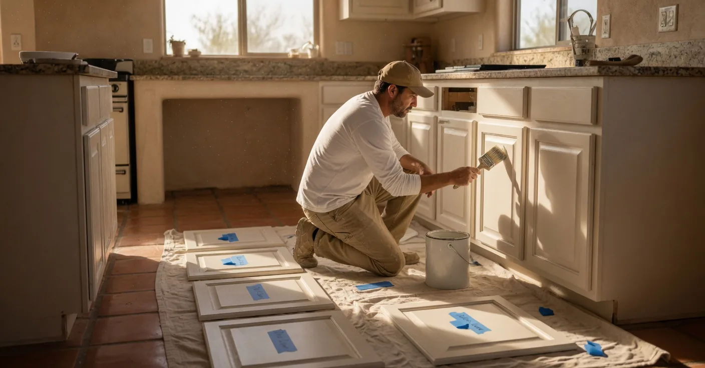 Illustrative photo of a painter brushing kitchen cabinet doors