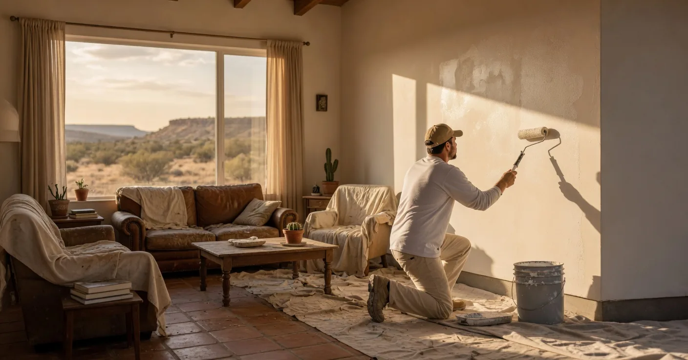 Illustrative photo of a painter rolling an interior wall in a West Texas home