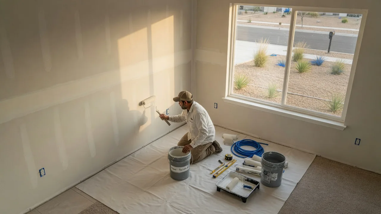 Illustrative photo of a painter priming drywall in a new-construction home